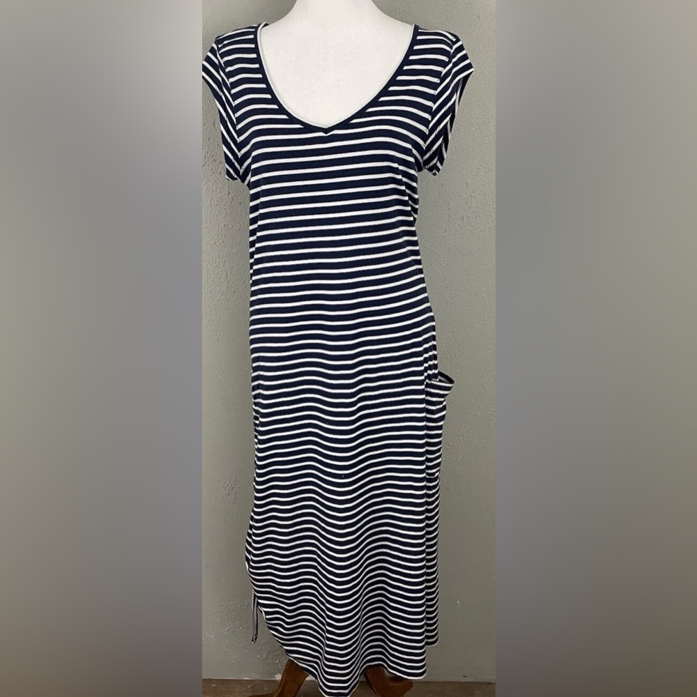 Toad & Co. Muse Dress Organic Cotton Midi Navy Blue Striped